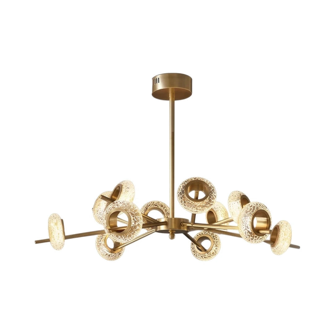 Modern brass LED chandelier with crystal ring shades