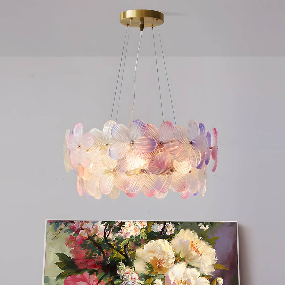 Round chandelier with layered glass petals glowing softly — French Flower Chandelier — Touched Home
