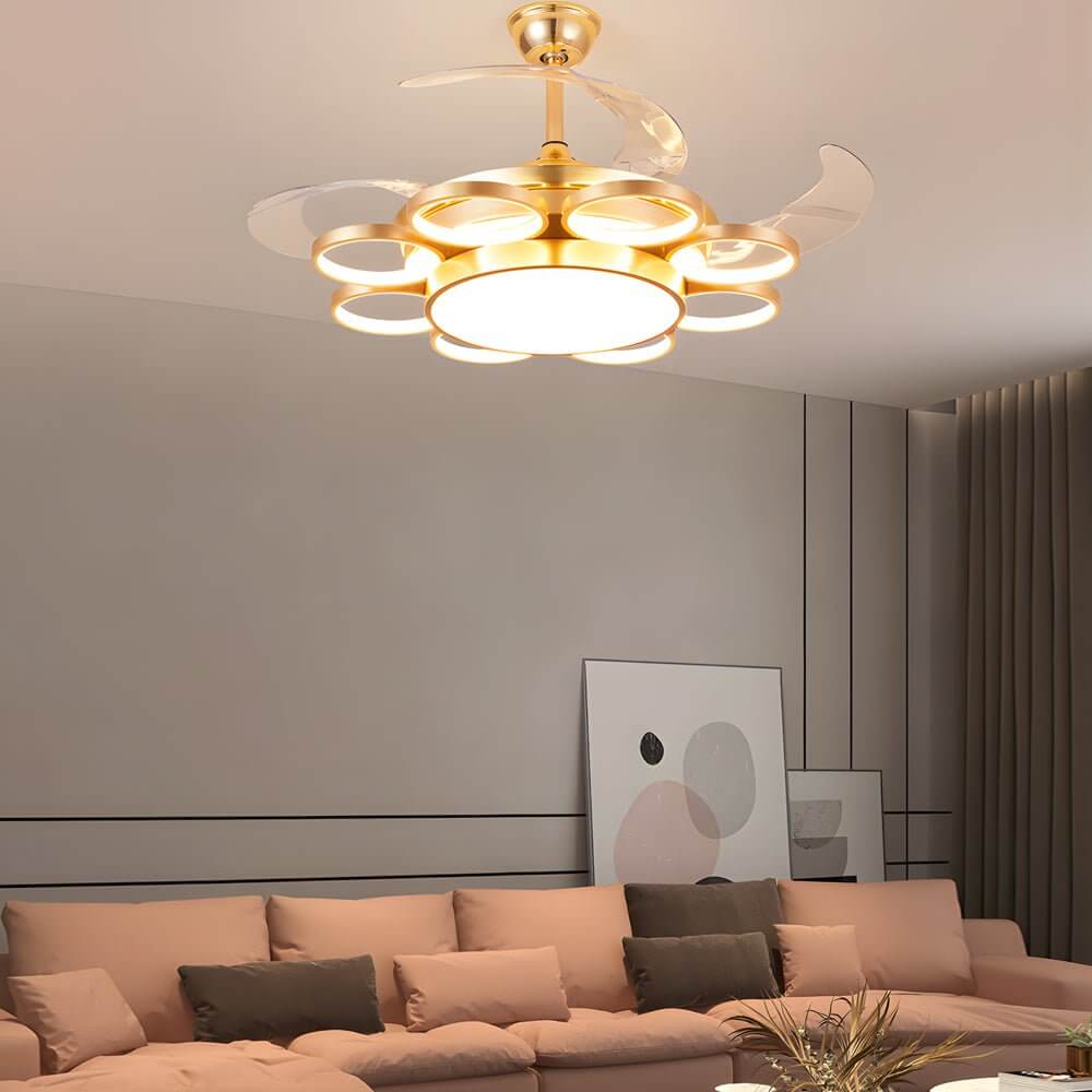Ring chandelier ceiling fan with retractable clear blades extended — Invisible Fan Chandelier — Touched Home