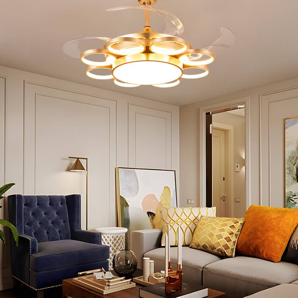 Ring chandelier ceiling fan with retractable clear blades extended — Invisible Fan Chandelier — Touched Home