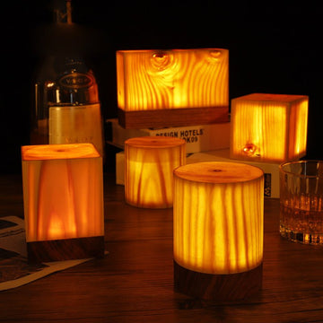 Solid Wood Geometric Cordless Table Lamp with Touch Dimmer for Living Room & Bedside