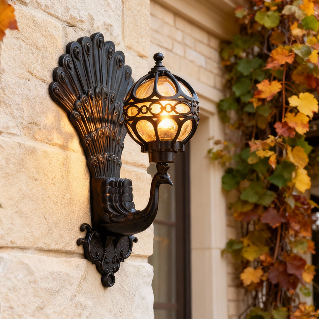 Peacock Retro Outdoor Wall Light on stone exterior – Touched Home Decor UK