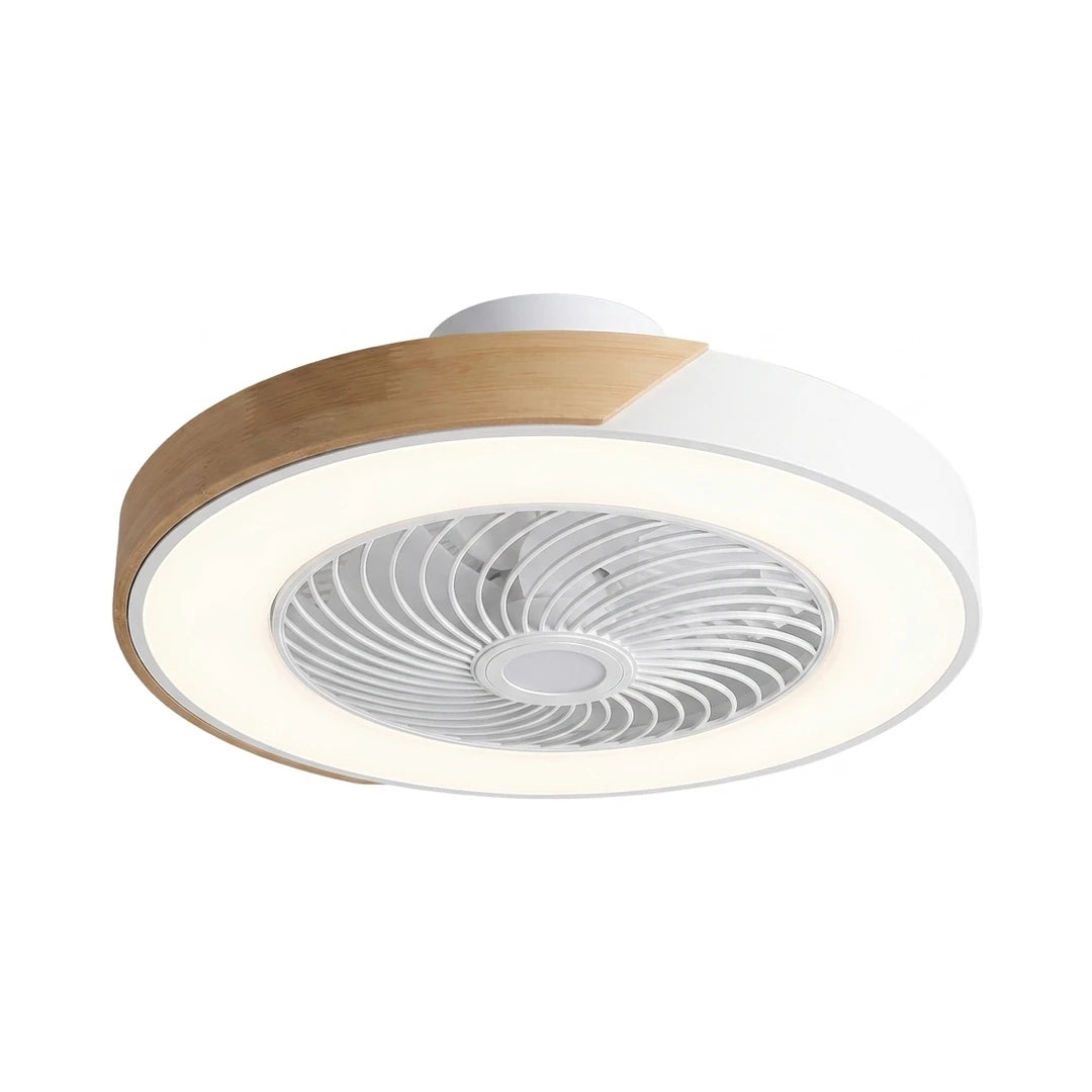 Round bladeless ceiling fan light with wood trim